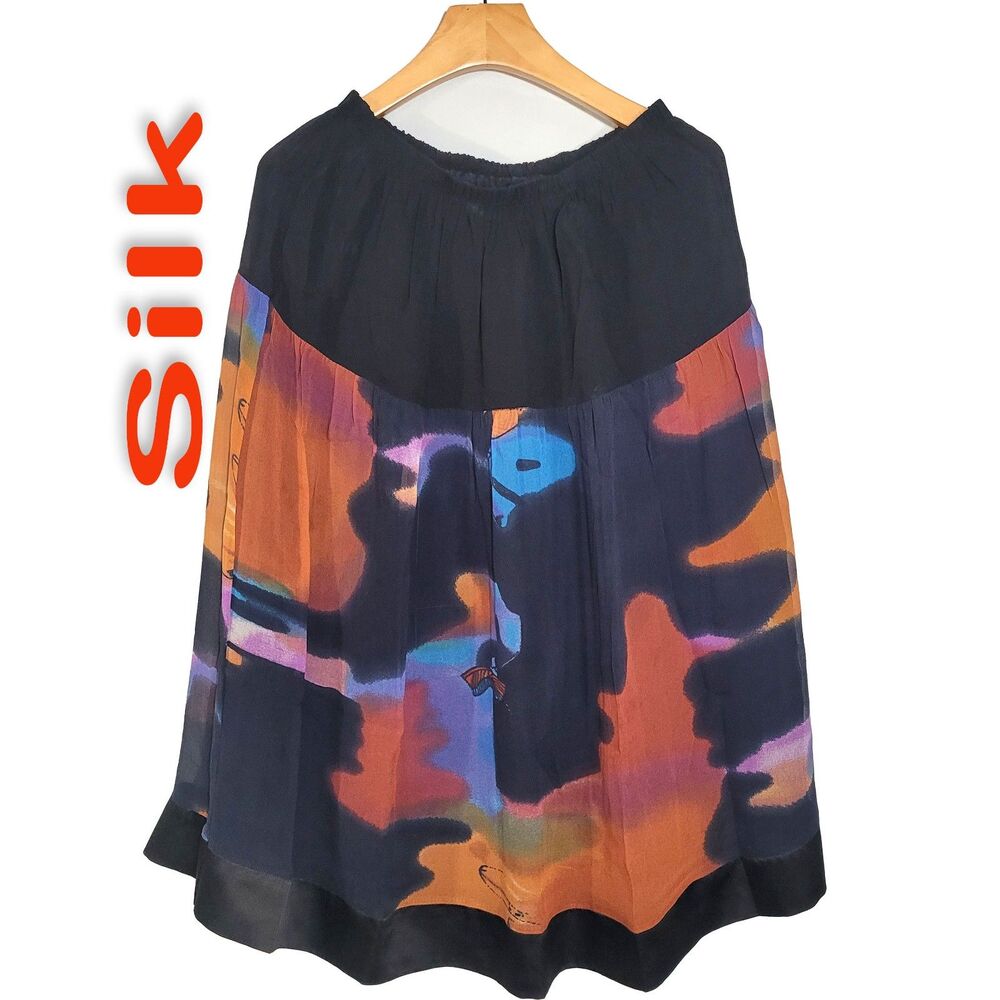 Women's 100% Silk Size XXS XS S M L A-Line Layered Skirt Elastic Waist SCk247